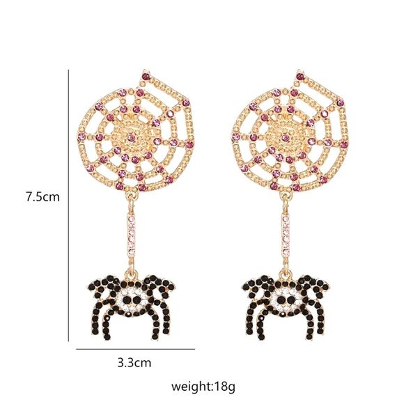 Halloween Earrings, Rhinestone Spider Dangling on Web, Black/Gold/Purple - 2.75" - Picture 5 of 5
